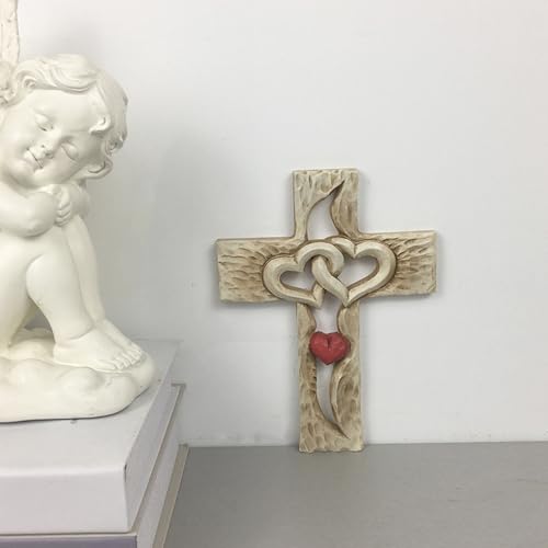 Sarini Wooden Cross Hand Carved Wall Decoration Red Love Cross Fade Resistant Home Decor for Living Room Bedroom Office Spiritual Wall Art
