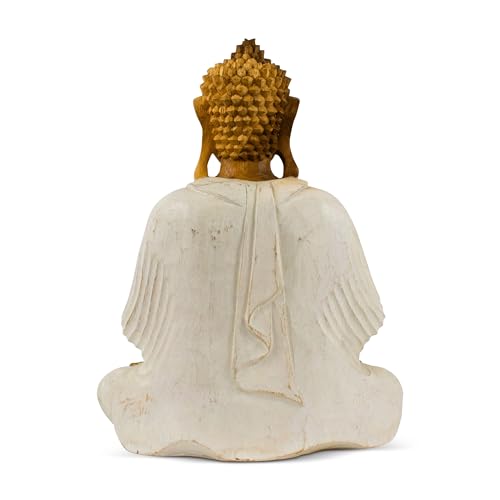 G6 Collection Wooden Serene Sitting Buddha Statue Handmade Meditating Sculpture Figurine Home Decor Accent Wood Hand Carved Modern Contemporary Oriental Buddha Anjali Mudra (8" Tall – Whitewashed) 8" Tall – Whitewashed