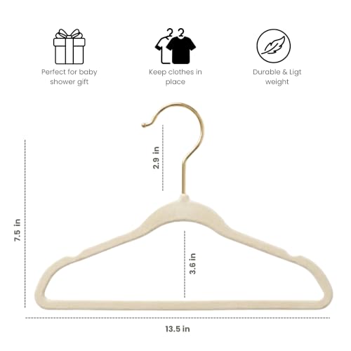 CONCEPTS 25 Pack Ivory/Gold Hook Non-Slip Velvet Hanger for Baby, Clothes Hangers for Toddler & Newborn, Small Hangers for Baby Clothes, Pants & Shirts, Space-Saving Nursery Closet Organizer Ivory / Gold Hook