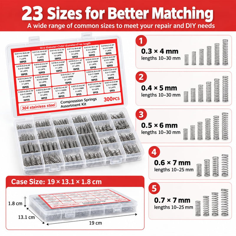 Set of 300 mini stainless steel compression springs in 23 sizes for DIY repairs and mechanical projects, by Dianrui.