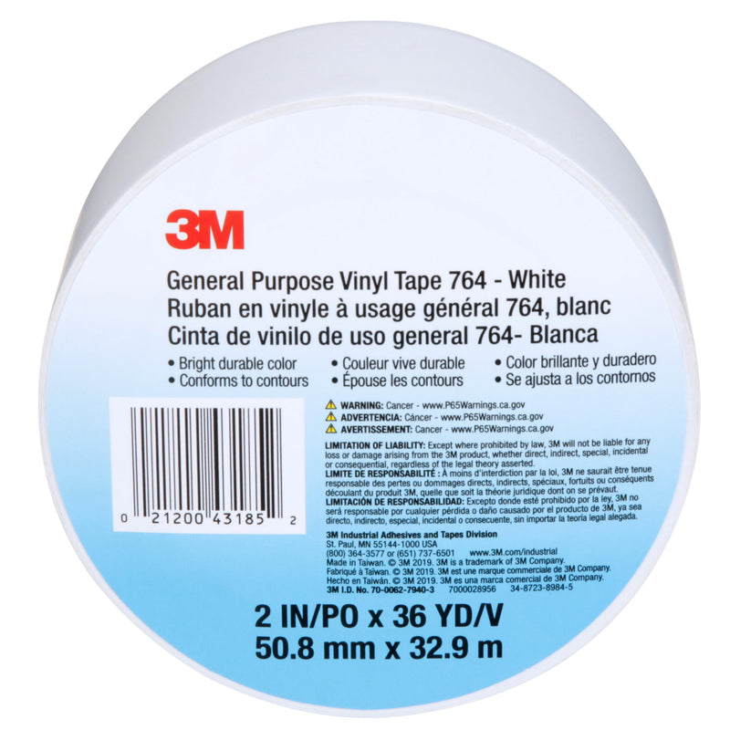 [Australia - AusPower] - 3M Vinyl Tape 764, General Purpose, 2 in x 36 yd, White, 1 Roll, Light Traffic Floor Marking Tape, Social Distancing, Color Coding, Safety, Bundling 