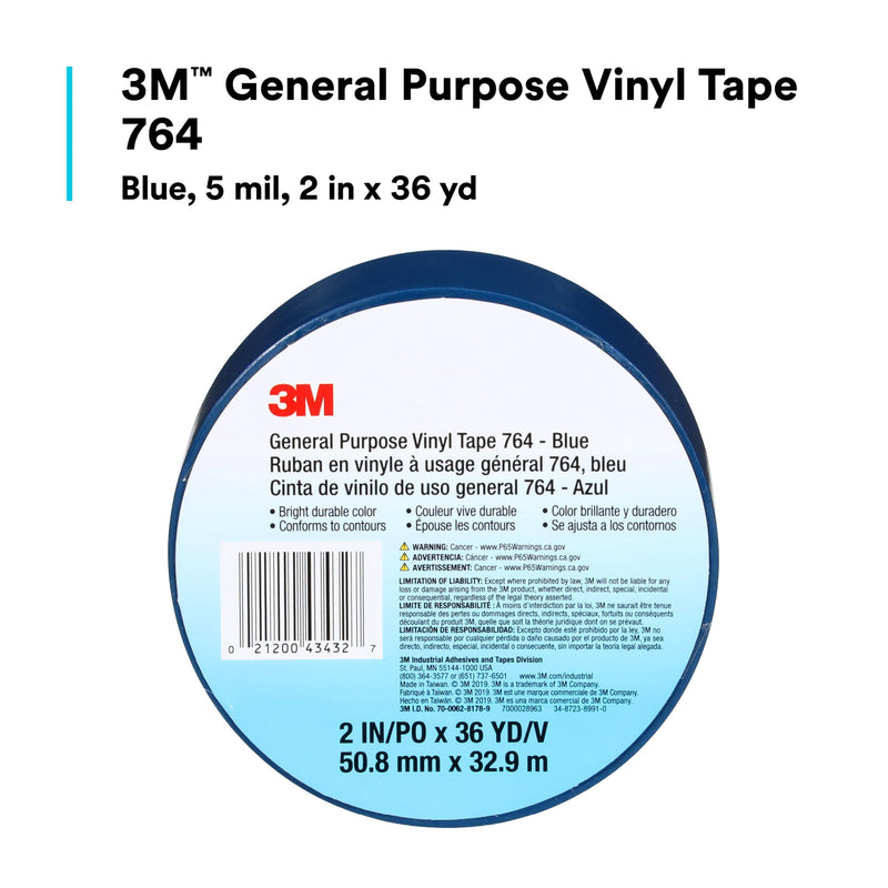 [Australia - AusPower] - 3M Vinyl Tape 764, General Purpose, 2 in x 36 yd, Blue, 1 Roll, Light Traffic Floor Marking, Social Distancing, Color Coding, Safety, Bundling 