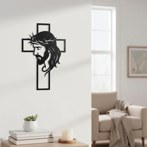 WNXURT Father’s Day Christian Gift, Jesus Cross Metal Wall Art, Religious Wall Sculpture, Christian Faith Decor for Home, Church, Prayer Room, Black, 12.59 x 9.84 Inch Black Jesus Cross