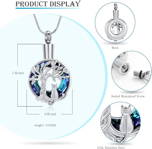 zeqingjw Cat Cremation Jewelry Urn Necklace for Ashes for Pet,Funeral Ashes Keepsake Urn Necklace Pendant Memorial Jewellery Silver-Blue