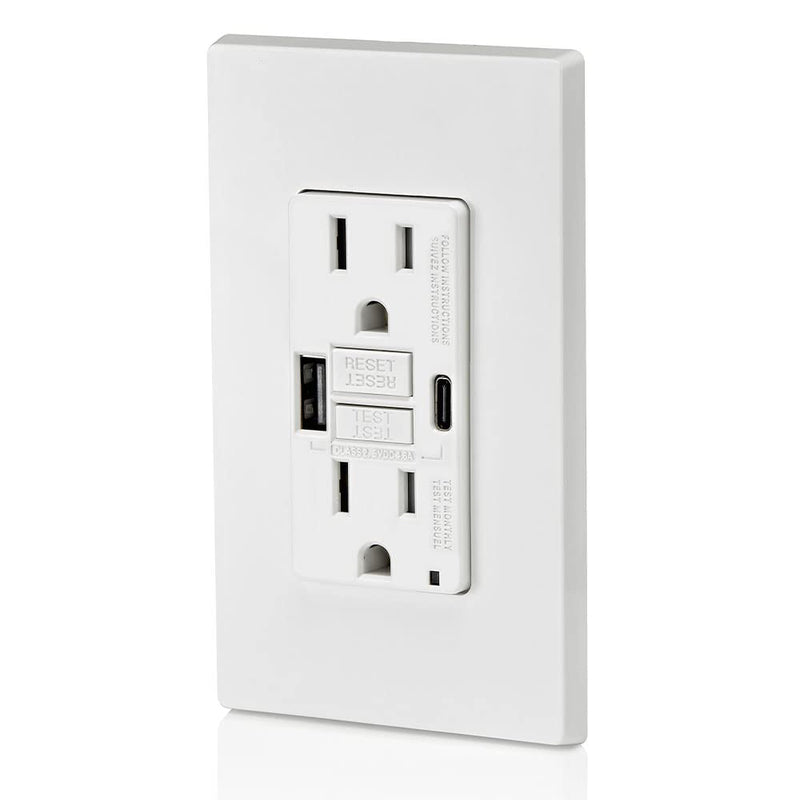 [Australia - AusPower] - Leviton GUAC1-W 15A SmartlockPro Self-Test GFCI Combination with Type A & Type-C USB In-Wall, USB Charger for Smartphones and Tablets, White Type A/C USB w/GFCI 