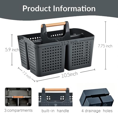 Portable Shower Caddy Basket with 3 Compartments and Handle, Dark Gray