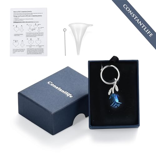 constantlife Rose Flower Urn Keychain Cremation Jewelry for Ashes, Stainless Steel Memorial Pendant Gift Funeral Keepsake Blue