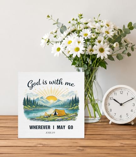 Christian Bible Verse Desk Decor, Farmhouse "God Is With Me" Josh. 1:9 Wooden Sign, Scripture Table Decor for Women Men Home Office Shelf Living Room Religious Gifts 5×5Inch Christian_01