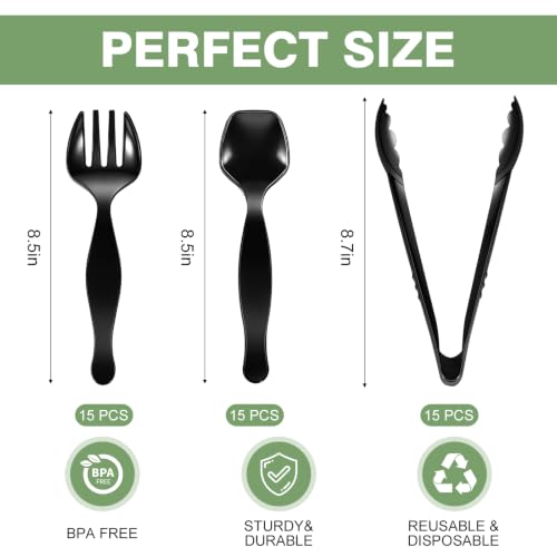 Set of 45 black plastic serving utensils including tongs and spoons for buffet use, by ITITT, displayed in clear view.