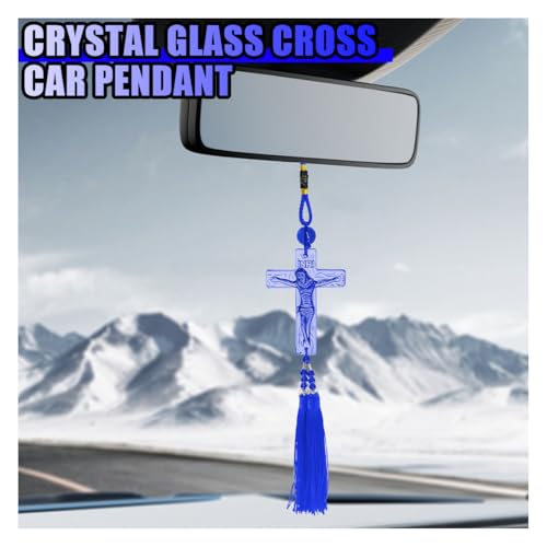 Jesus Crucifix Cross Car Rear View Mirror Charm, Religious INRI Cross Pendant Car Rearview Mirror Hanging Decoration, Auto Interior Ornament with Tassel for Men Women (Blue) Blue
