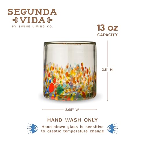 Twine Segunda Vida Artistico 100% Recycled Glassware Tumblers, Hand Blown Cocktail Glasses for Dinner Party, Icon Glasses Gifts, Stemless Margarita Mexican Glassware, Set of 2, 13 oz, Multicolor