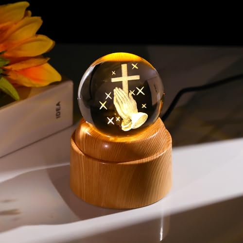 Arikyrist Crystal 3D Praying Hand Rotatable Ball Religious Gifts for Women Cross