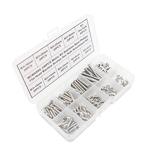 MCMASKE M3 stainless steel Phillips flat head machine screws and hex nuts assortment kit in organizer case