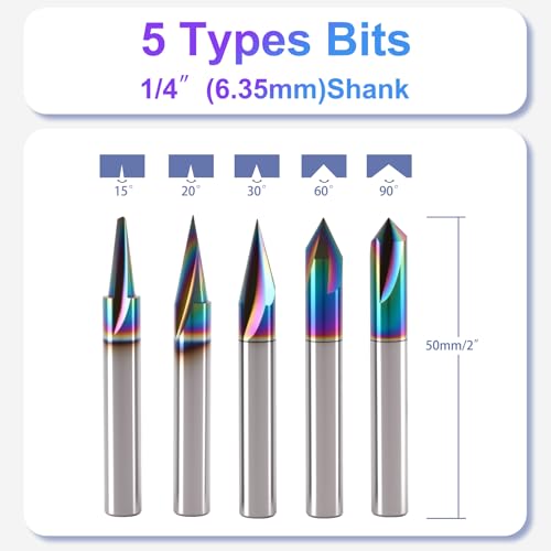 BFVV 5-piece CNC wood carving router bit set with 1/4-inch shanks for edge treatment and grooving