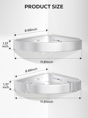 Two silver Nieifi adhesive shower caddies in a corner, holding bath essentials, designed for easy installation and organization.