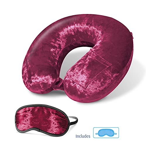 Cloudz Luxe Crushed Velvet Ultra Premium Comforlite Memory Foam Airplane Travel Neck Pillow with Matching Luxuriously Soft Black Out Sleep Mask - Deep Red