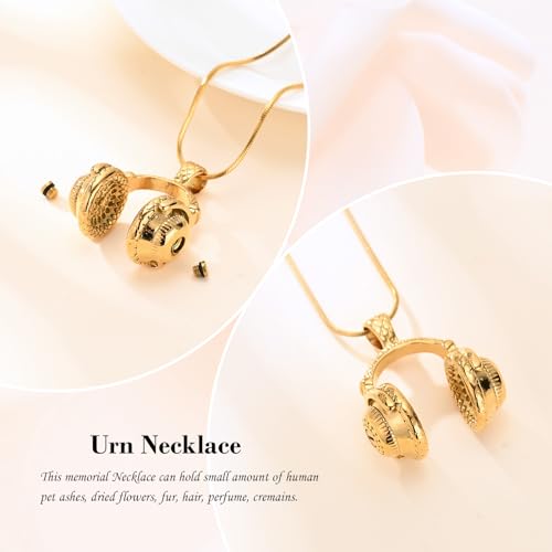 Music Headphone Urn Necklace for Ashes Cremation Memorial Headset Pendant Gold