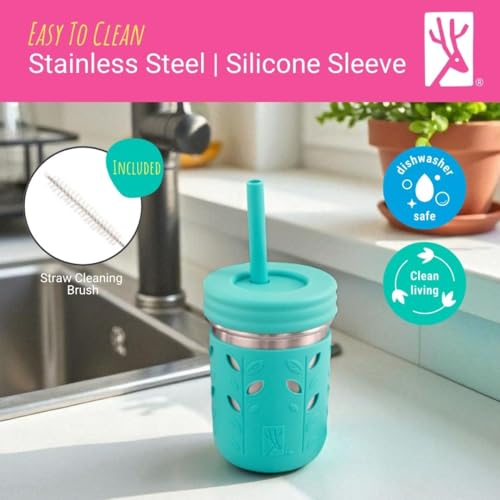 Elk and Friends Kids 10oz Stainless Steel Mason Jars + Sleeves + Lids | 4pk Pink/Teal/Yellow/Blue