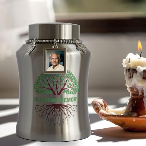 Medium Urn for Human Ashes with Picture Frame Stainless Steel Tree of Life Cremation Big Urn Decorative Memorial Funeral Burial Urn for Ashes Dad Mom Male Female Keepsake Small urn for Human