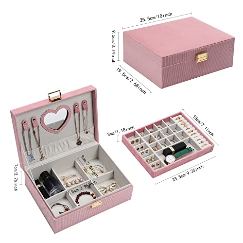 Dajasan Jewelry Box for Teen Girls Women, 2 Layers Jewelry Organizer with Mirror, Removable Jewelry Tray, Jewelry Storage Case, Gift Idea for Teenagers, Striped Velvet (Pink) Pink