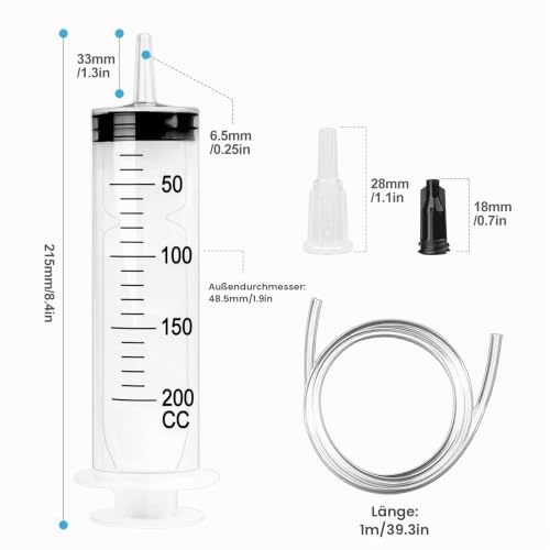 Large Syringe 200 ml with Hose and Stopper | Plastic Syringe Reusable Liquid Syringe for Laboratory, Industrial, Garden and Pet Feeding, White