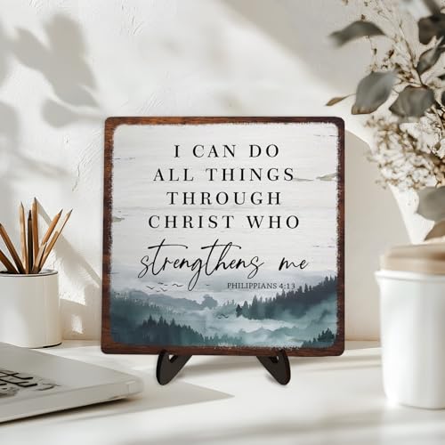 Bible Verse Sign,Christian Wooden Sign Desk Decor,Positive Home Decor Plaque,Motivational Scripture Gift, I Can Do All Things Through Christ Who Streng Thens Me 5.9x5.9inch(PHILIPPIANS 4:13) PHILIPPIANS 4:13 5.9 x 5.9 inches