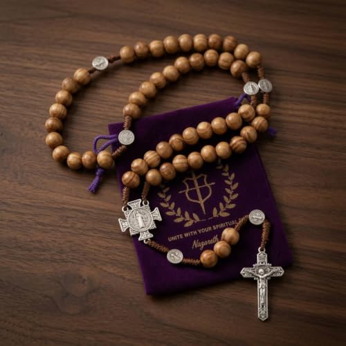 Nazareth Store Sacred St Benedict Wood Beads Rosary Solid Wooden Prayer Chaplet with Cross Saint Medal & Silver Jesus Crucifix