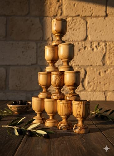Zuluf Olive Wood Communion Wine Cup Set, 10 Count, 2.8 Inch Small Goblets, Handcrafted Bethlehem Holy Land, Eucharist Church Chalice Cups for Christian Worship & Religious Ceremony