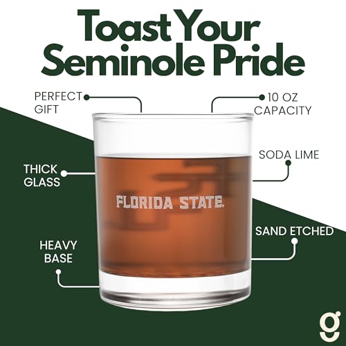 Greenline Goods Florida State University Seminoles Whiskey Glasses Set of 2, 10 oz Sand-Etched Rocks Glasses with School Logos – Officially Licensed Bourbon Glass Gift for Alumni & Fans