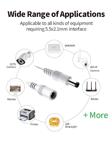 TONTON DC Extension Cable 5 Metres, DC 12 Volt Power Supply Adapter Cable, 2.1 mm/5.5 mm DC Plug Extension, Additional 5 Metres 15 ft Length for DC 12 V Power Supply Surveillance Camera Charger, 5 m (Pack of 1) White