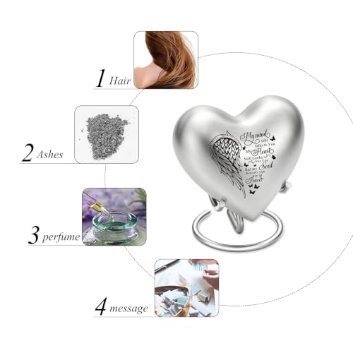 Heart Urn for Ashes - Small Heart Shaped Keepsake Urn for Human (Male/Female) or Pet Remains, Holds Small Portion of Ashes with Stand Silver-a