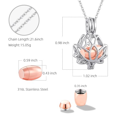 Lotus Urn Necklace for Ashes Pendant Cremation Jewelry with Mini Keepsake Loved One Urn Memorial Ash Jewelry For Women Men Silver-Rose Gold
