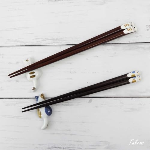 Ishida Cat Couple Chopsticks Gift Set, 2 Pairs Wooden Chopsticks & 2 Ceramic Cat Chopstick Rests, Wooden Gift Box, Made in Japan (9.1 in (23 cm) & 8.3 in (21 cm))