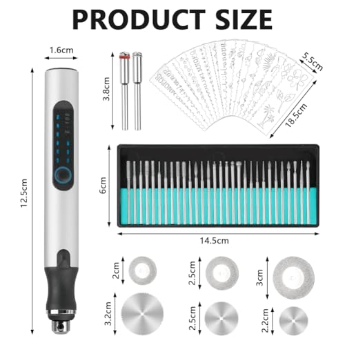 Ainiv Electric Engraving Tool Kit, USB Cordless Rechargeable Engraving Pen, Mini DIY Engraving Tool Kit, 30 Drill Rotary Carving Tools for Carving Glass Wood Metal Stone Plastic Jewelry, Silver Silver-electric Engraving Tool Kit