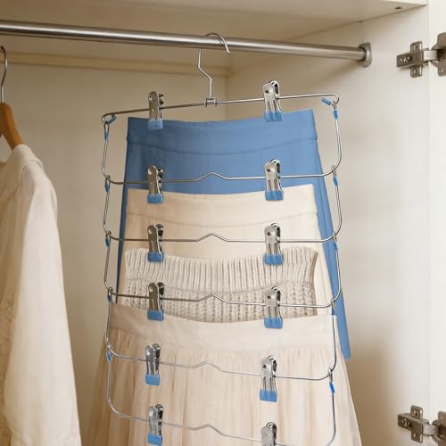 Skirt Pants Hangers with Clips,6Tier Skirt Hangers Space Saving,Metal Multi Pants Hangers and Storage Multi Clothes Shorts Hanger Organization,Space Saving Hangers with Clips (Blue, 4-Piece Set) Blue