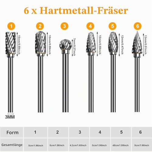 6 Piece Carbide Burr Set, Tungsten Carbide Cutter 6 mm Shank, Carbide Burr with Double Cut, with 1/8 Inch Shank, for Grinding Machine, Carving, Metal Polishing, Engraving, Drilling