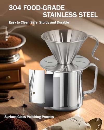 Belly Moka stainless steel pour over coffee dripper with reusable filter and silver milk frothing pitcher for 1-2 cups.