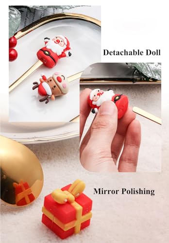 6 Pcs Christmas Man Premium Stainless Steel Forks and Spoons with Gift Box Set (Shining Golden - Pack of 6)