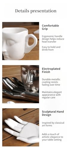 Sculpture Coffee Mug with Saucer Unique Artistic Ceramic Cup Set for Coffee Tea Lovers Gift 8.8oz White Black Silver (white)