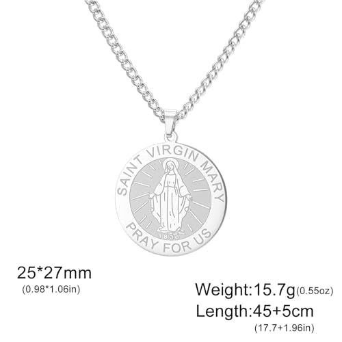 Virgin Mary Necklace Stainless Steel Medal Necklace Catholic Virgen de Guadalupe Pendant Christian Religious Jewelry for Women Men silver