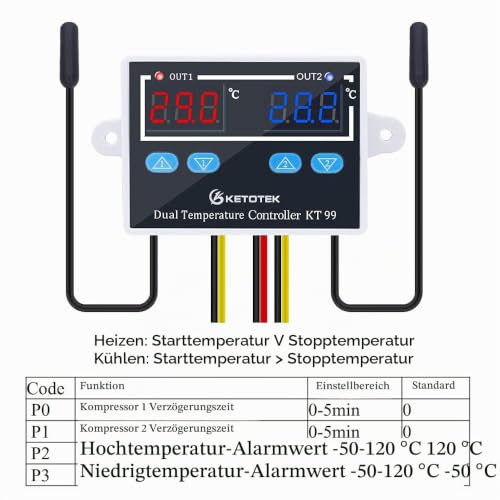 KETOTEK Digital Temperature Controller Thermostat 230V with 2 Waterproof Probes | Temperature Monitor with 2 Temperature Probes, 220V Temperature Switch for Aquarium, Incubator, Greenhouse, Heating/Cooling Mode AC 230V