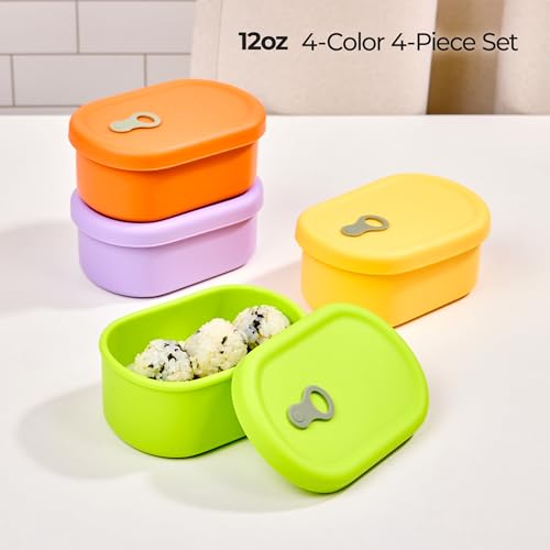 Set of four multi-color SIMVOLA Korean silicone food containers with steam vents, 12 fl oz capacity each, perfect for storing and reheating.