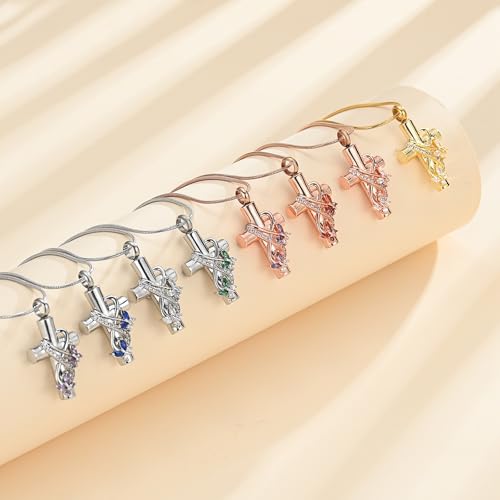 Cross Cremation Jewelry Butterfly Urn Necklace for Human Ashes for Women Men Memorial Ashes Keepsake Birthstone Pendant Silver-Green