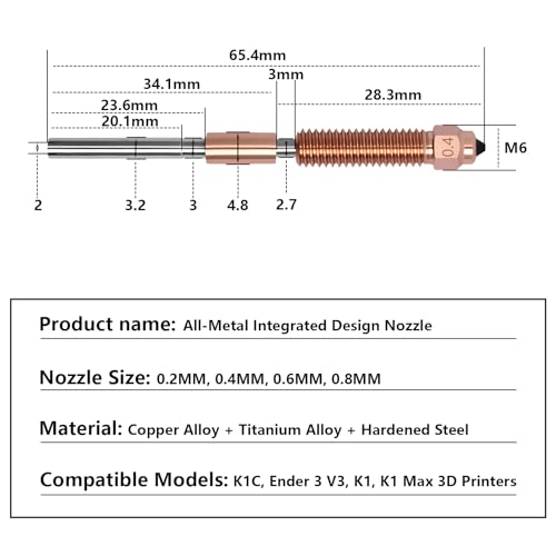 5PCS Quick-Swap Nozzle for Creality K1C, Titanium Copper Alloy Hardened Steel Nozzle, All-Metal Integrated High Temperature 0.2/0.4/0.6/0.8MM Nozzle Kits for K1C/Ender 3 V3 3D Printers for K1C (5PCS Muilt Size)