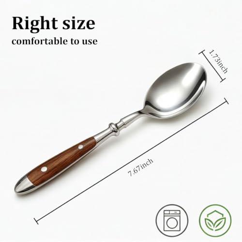 Set of 8 stainless steel soup spoons with wood grain color handles, dishwasher safe, from Binchill.