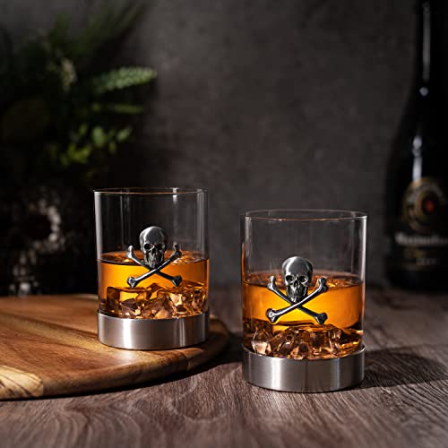 Skull & Skeleton Crossbones Pewter Whiskey & Wine Drinking Glasses - 11oz Set of 2 - Water, Rum, Brandy & Scotch Glass, Elegant, Skeleton Crystal Cup, Gifts for Men & Women, Old Fashioned Glass Skull Pewter