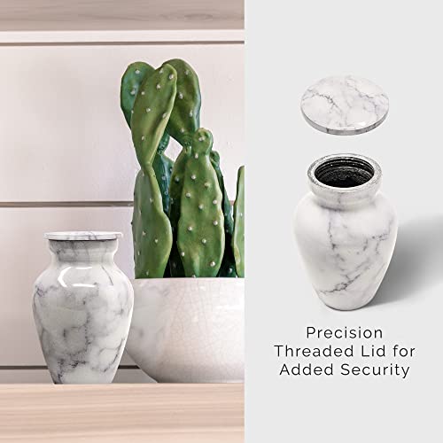 Set of 4 Elegant Marble Style Keepsake Urns – Metal Little Mini Urn for Human Ashes – Secure Screw Top – Small Personal Size – Carrara White Finish 4 Carrara White