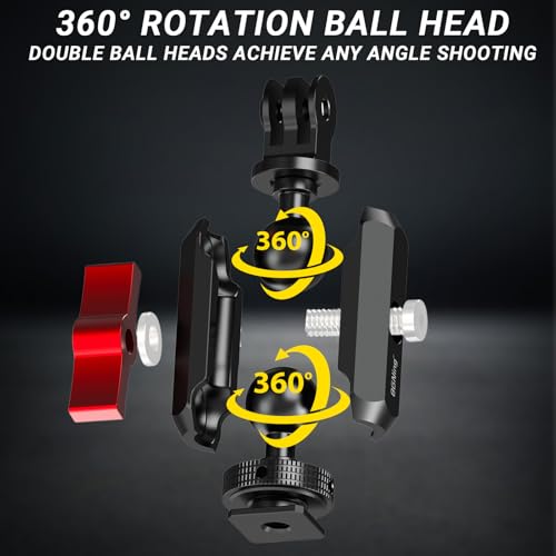Dual Cold Shoe Monitor Mount with 1/4" Screw, Rotatable Dual Ballhead Arm for LED Monitor Microphone, Compatible with DJI Osmo Action 6/5 Pro/4/3, Osmo 360, Insta 360 X5/X4, GoPro Hero 13/12,Pocket 3 Dual Cold Shoe Monitor Mount