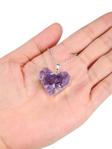 Jovivi Natural Amethyst Cluster Crystal Necklace for Women Men,Irregular Raw Rough Amethyst Quartz Stone Pendant Necklace Jewelry for Spiritual Reiki Healing,Beauty, Love and Positive Energy Silver Plated - Heart Crystal