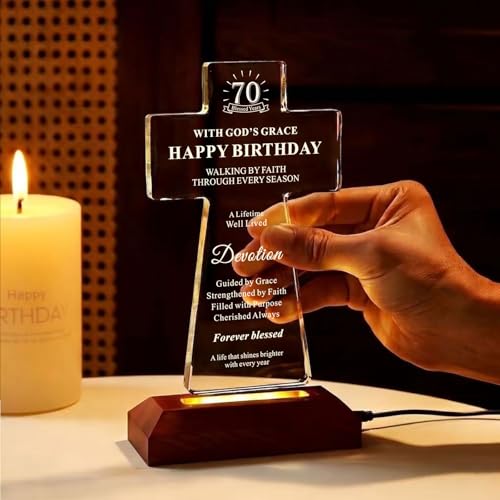 70th Birthday Gifts for Women Men, Lighted K9 Crystal Cross with Wooden Base, Christian Birthday Gift for Mom Dad Grandma Grandpa, Religious Faith Keepsake Decor, 70 Blessed Years 70th Birthday Gifts with Light Base